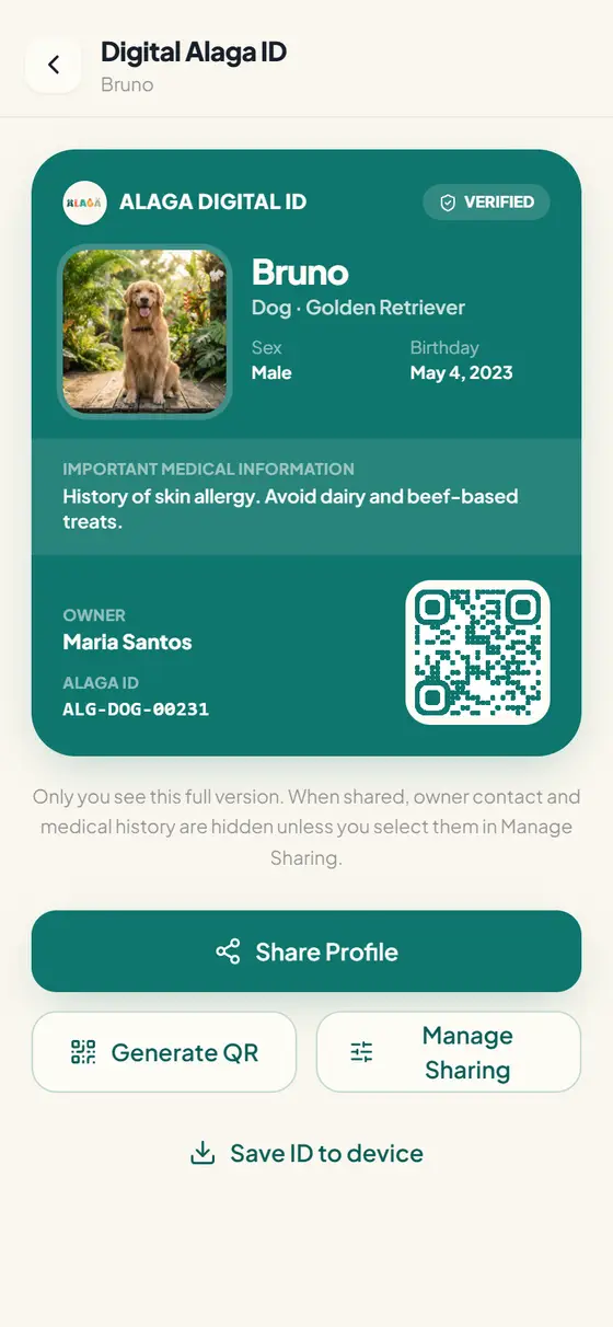 ALAGA digital pet ID screen