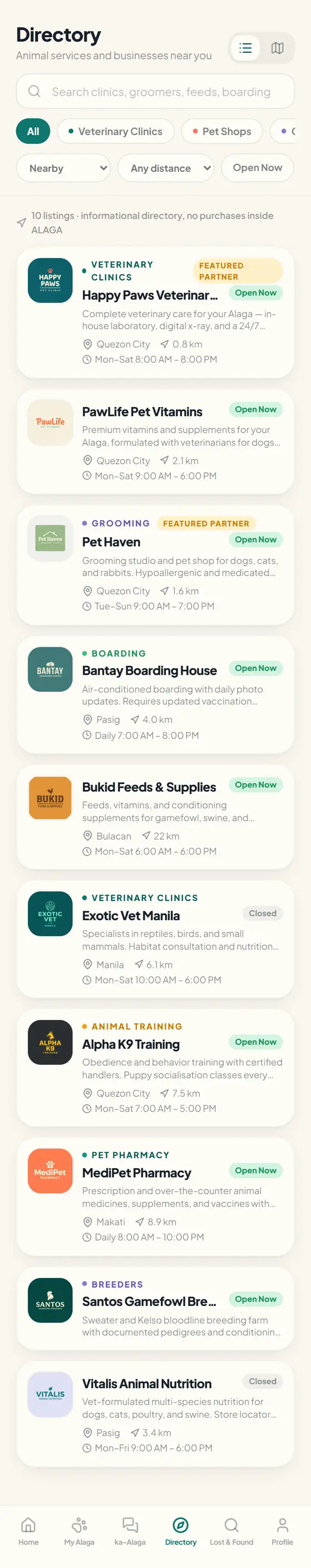 ALAGA shop and service directory screen
