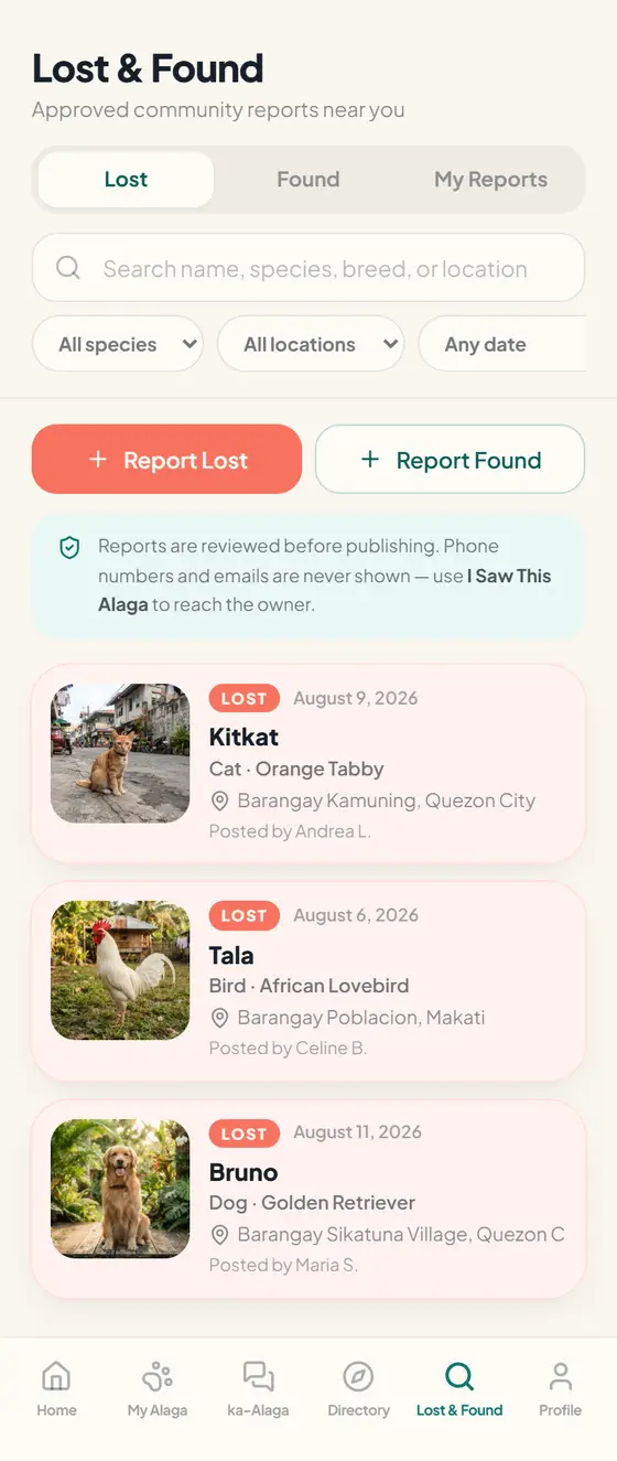 ALAGA lost and found screen