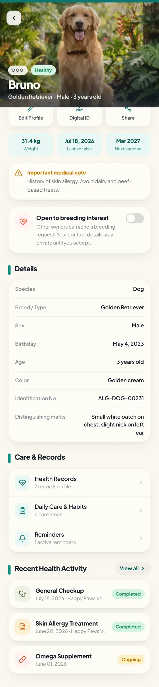 ALAGA pet profile screen