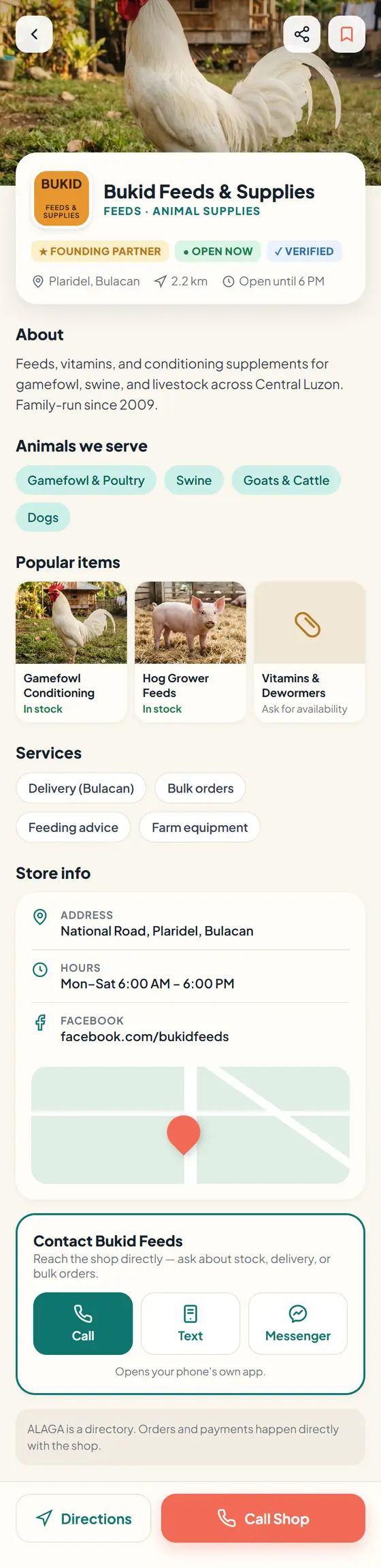A shop's page in ALAGA, as pet owners see it